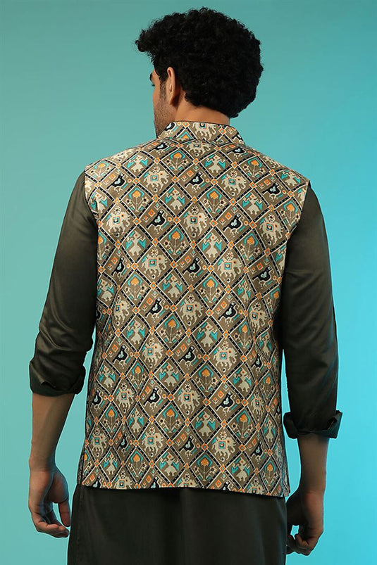 Function Wear Chikoo Color Satin Fabric Embellished Printed Jacket