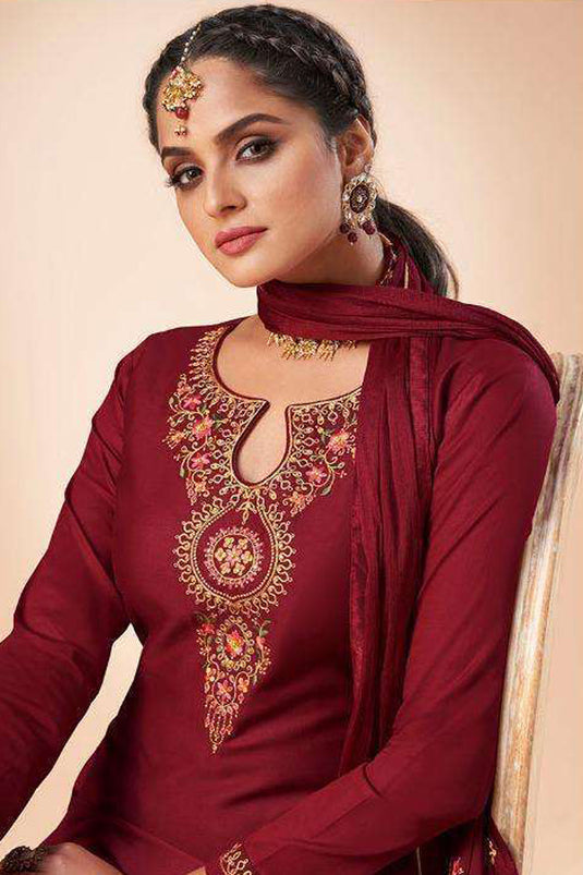 Art Silk Party Wear Trendy Embroidered Straight Cut Suit In Maroon Color