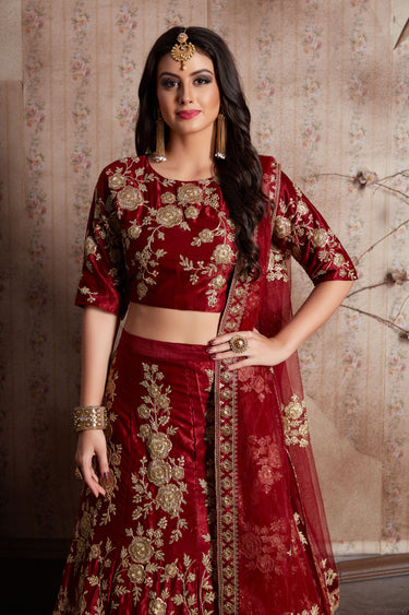 Exclusive Velvet Silk Maroon Embellished Wedding Wear Lehenga With Work