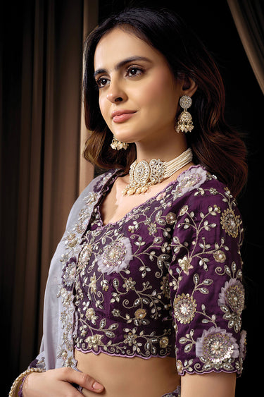 Silk Fabric Embroidered Lavender Saree For Function Wear