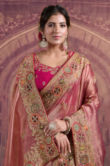 Peach Function Wear Art Silk Border Work Saree