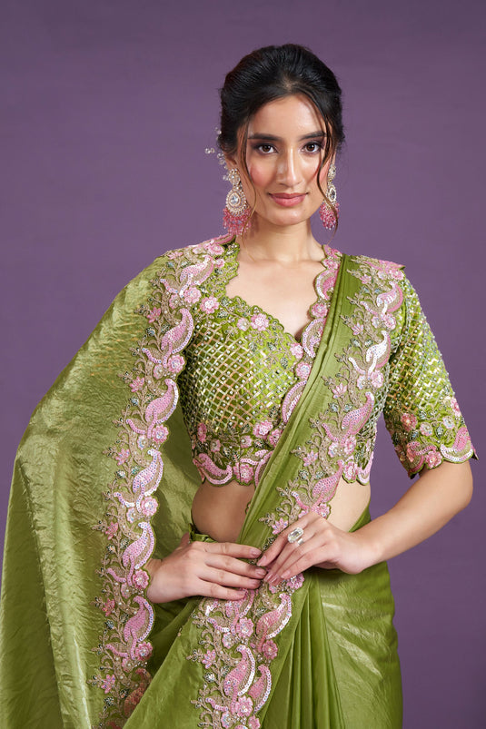 Green Color Glorious Satin Silk Party Style Two Tone Saree