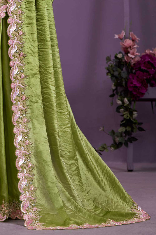 Green Color Glorious Satin Silk Party Style Two Tone Saree