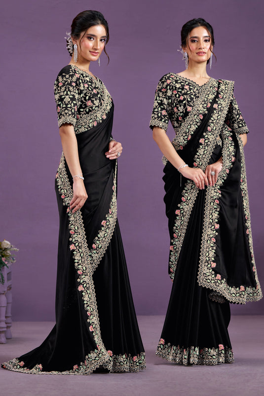 Delicate Black Color Satin Silk Party Style Two Tone Saree