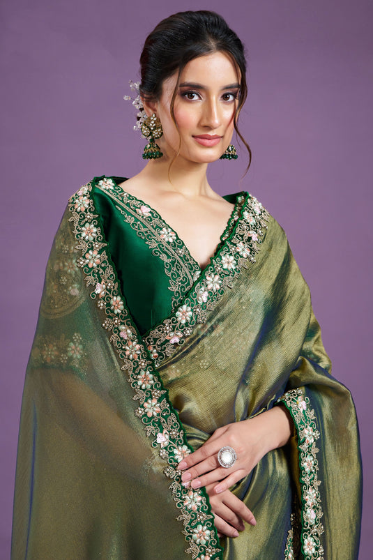 Green Color Glamorous Tissue Fabric Party Style Two Tone Saree