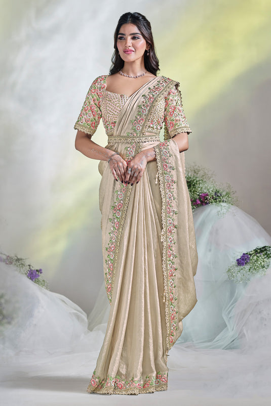 Cream Heritage Royal One Minute Satin Silk Saree