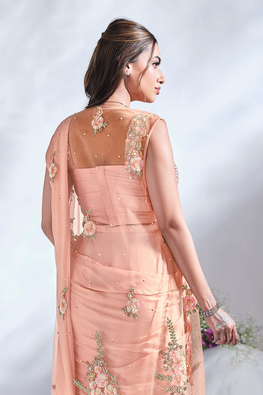 Peach Ready To Wear Party Wear Sequins Work Saree