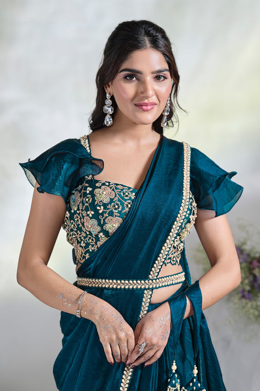 Teal Exotica Ready To Wear Sequins Work Saree