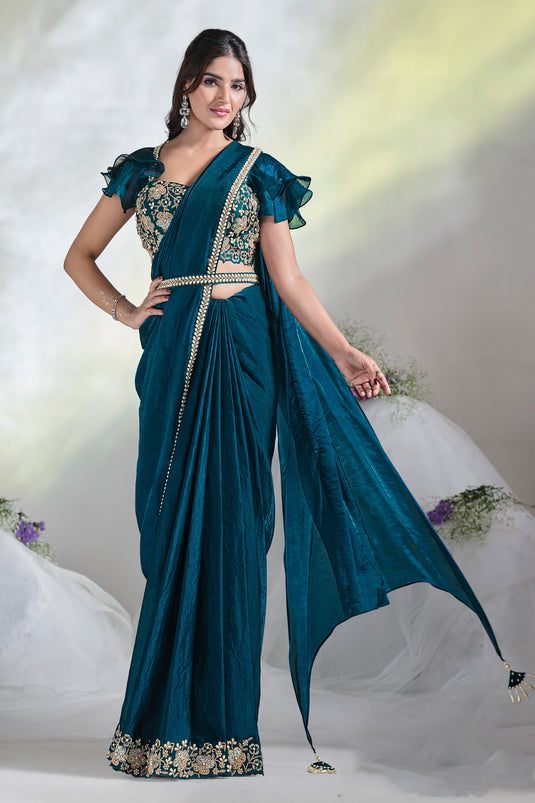 Teal Exotica Ready To Wear Sequins Work Saree