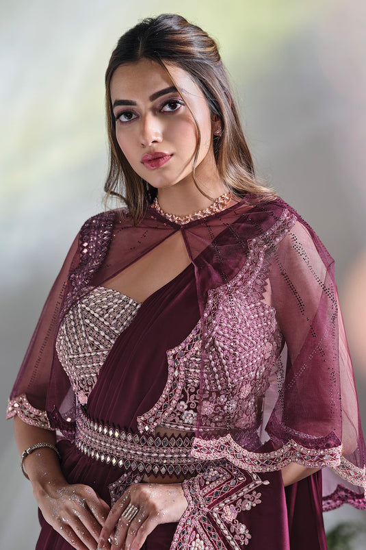 Wine Sparkle Ready To Wear Sequins Work Saree