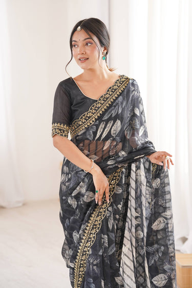 Fancy Fabric Printed Black Casual Wear Saree