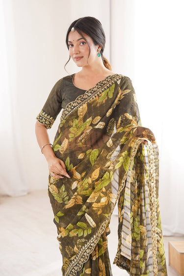 Olive Green Casual Wear Fancy Fabric Printed Saree