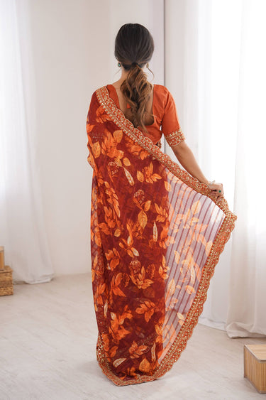 Fancy Fabric Printed Orange Casual Wear Saree