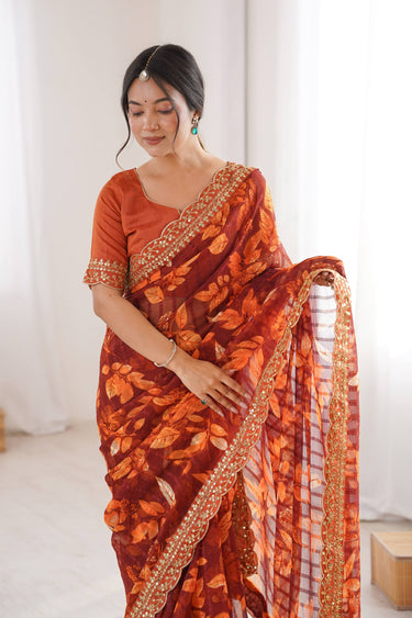 Fancy Fabric Printed Orange Casual Wear Saree