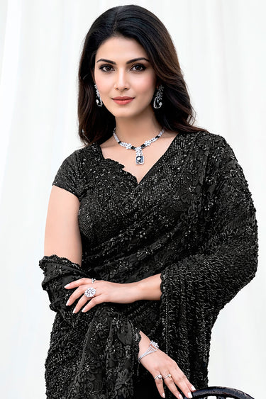 Black Trendy Beads Work Net Pre Stitched Saree For Party Wear