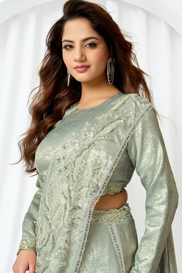 Premium Sea Green Wedding Special Satin Silk Heavy Sequins Cutdana Work Designer Readymade Lehenga Saree