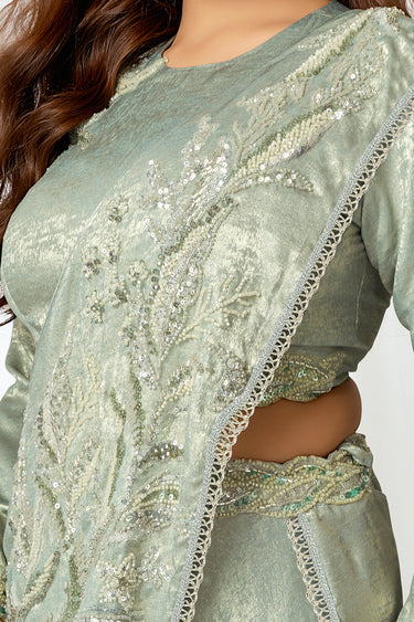 Premium Sea Green Wedding Special Satin Silk Heavy Sequins Cutdana Work Designer Readymade Lehenga Saree