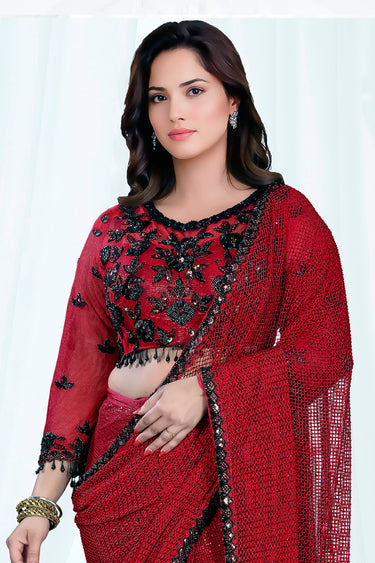 Elegant Maroon Fancy Fabric Heavy Hand Work Sangeet Wear Traditional Ready To Wear Saree