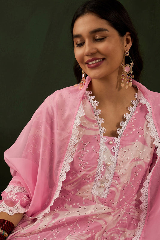 Festive Wear Pink Color Sober Readymade Salwar Suit In Cotton Fabric