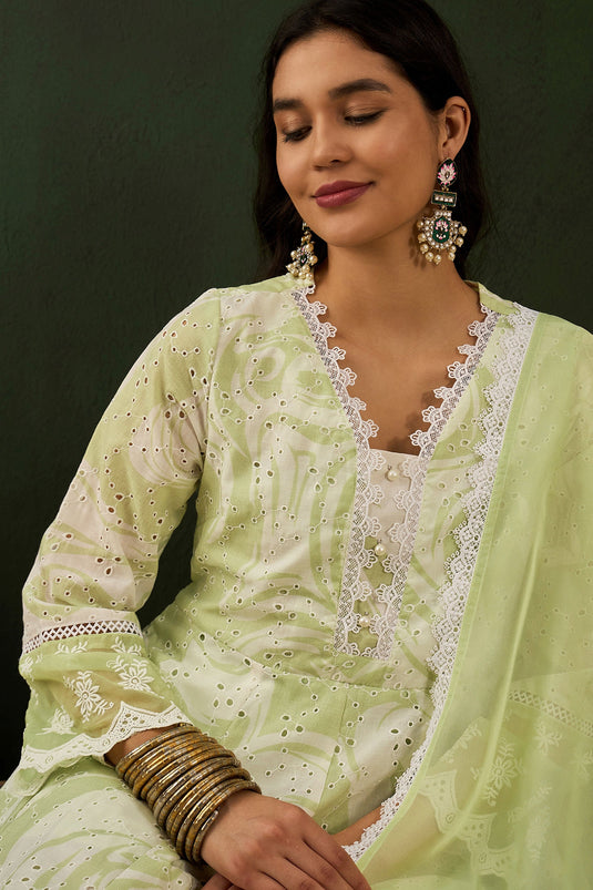 Excellent Cotton Fabric Green Color Readymade Salwar Suit In Festive Wear