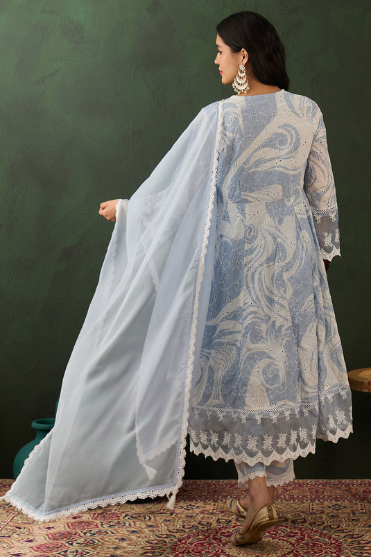 Light Cyan Color Festive Wear Cotton Fabric Stunning Readymade Salwar Suit