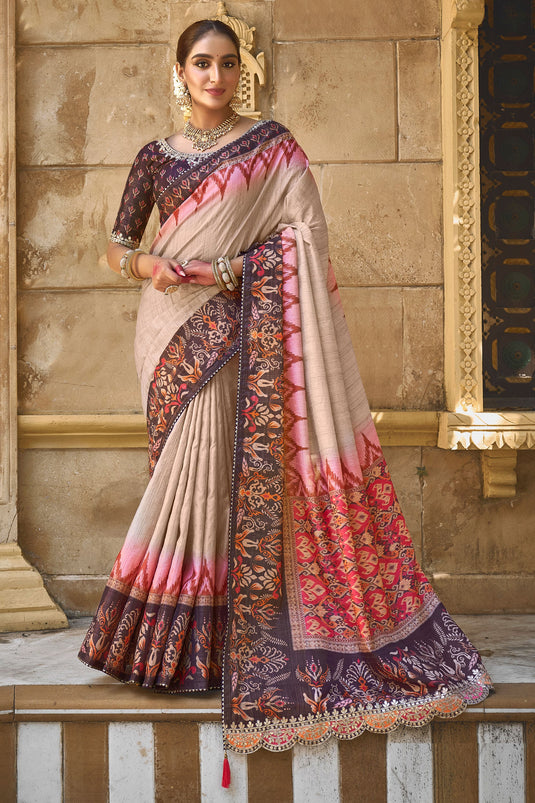 Border Work On Art Silk Fabric Bewitching Saree In Beige Color