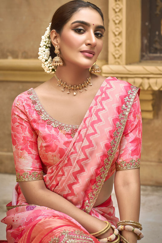 Gajji Silk Fabric Pink Color Patterned Saree With Border Work