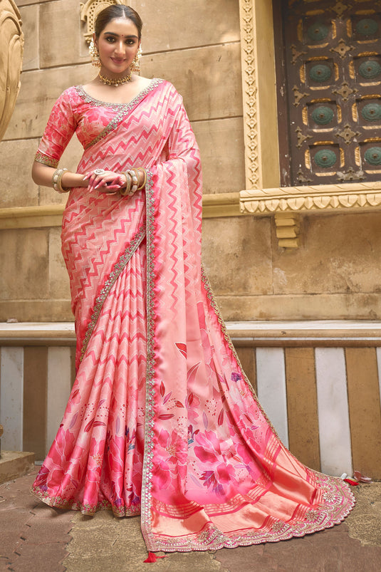 Gajji Silk Fabric Pink Color Patterned Saree With Border Work