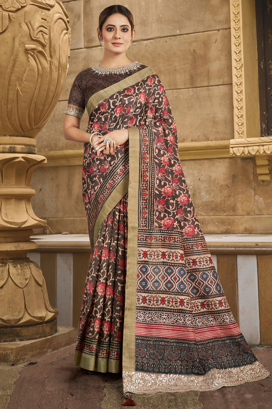 Beguiling Border Work On Brown Color Gajji Silk Fabric Saree