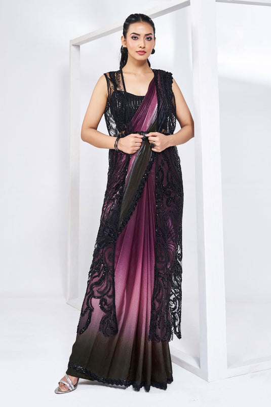 Dazzling Wine Color Ready To Wear Saree In Satin Silk Fabric