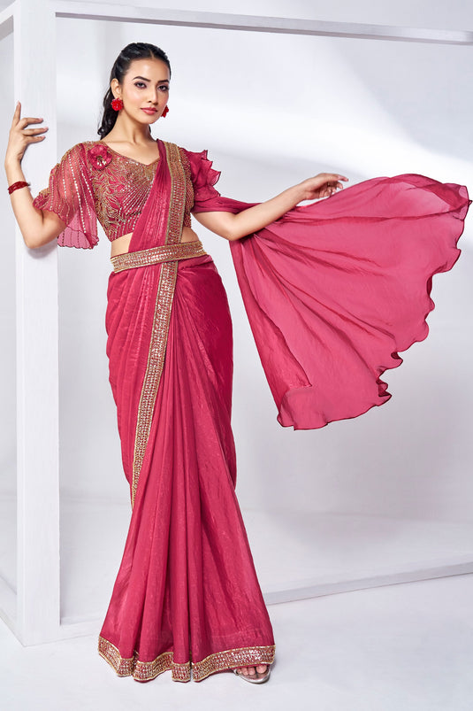 Pink Color Satin Silk Fabric Beatific Ready To Wear Saree