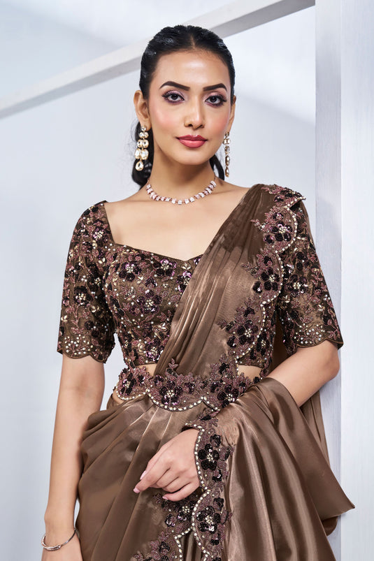 Classic Brown Color Ready To Wear Saree In Crepe Fabric