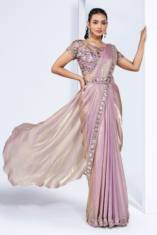 Creative Ready To Wear Saree In Pink Color Satin Silk Fabric