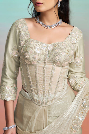 Exclusive Beige Satin Silk Sequins Embroidery Readymade Saree With Fashionable Corset Blouse