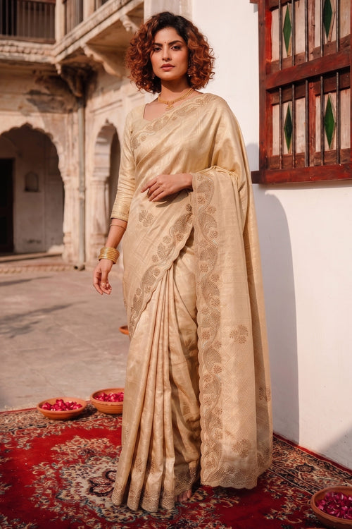Designer Beige Banarasi Silk Woven Work Saree