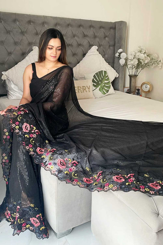 Black Color Exquisite Sequins Work Shimmer Silk Saree