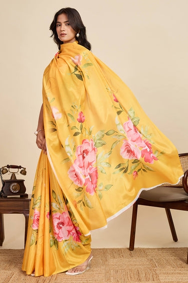 Yellow Casual Wear Chinon Digital Printed Saree