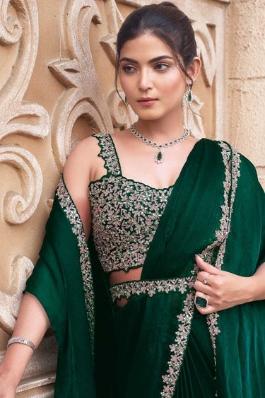 Green Shimmer Chiffon Hand Work Ready to wear saree