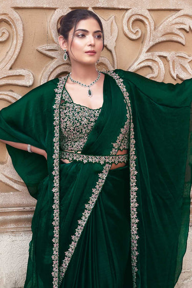 Green Shimmer Chiffon Hand Work Ready to wear saree