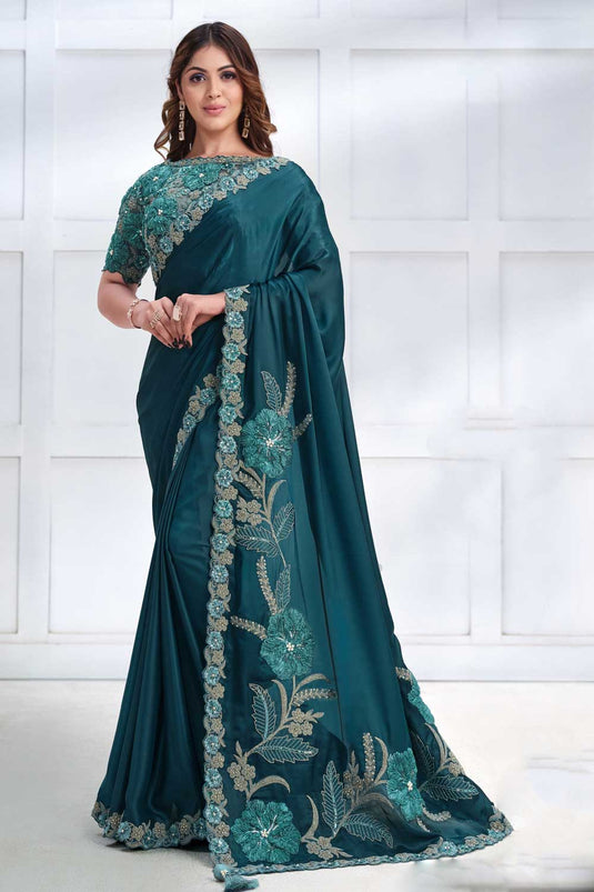 Teal Color Brilliant Party Style Crepe Satin Silk Saree