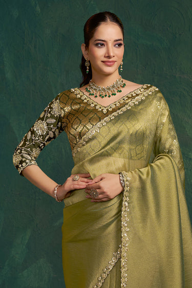 Green Wedding Wear Tissue Silk Embroidered Border Work Saree