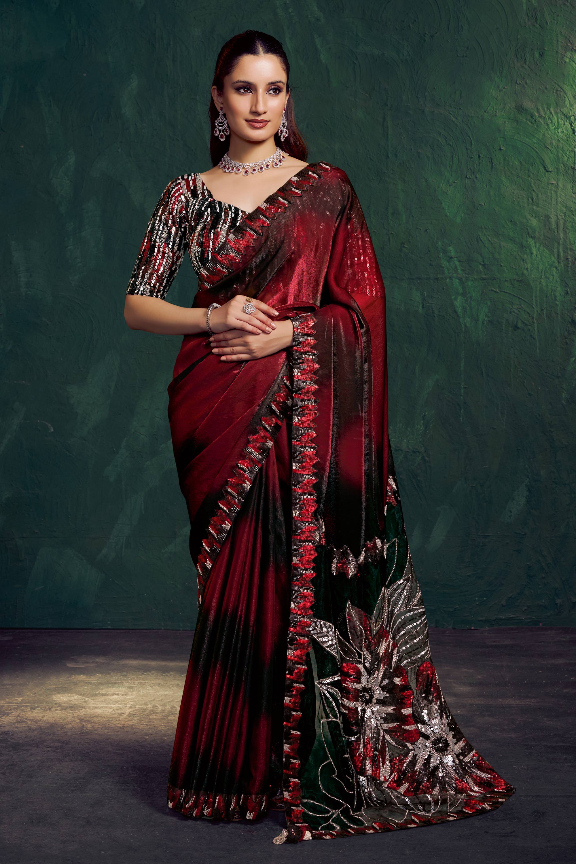 Embroidered Border Work Satin Maroon Wedding Wear Saree – Sarees Bazaar