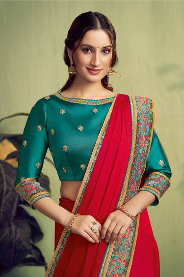Satin Fabric Border Work Red Wedding Wear Saree