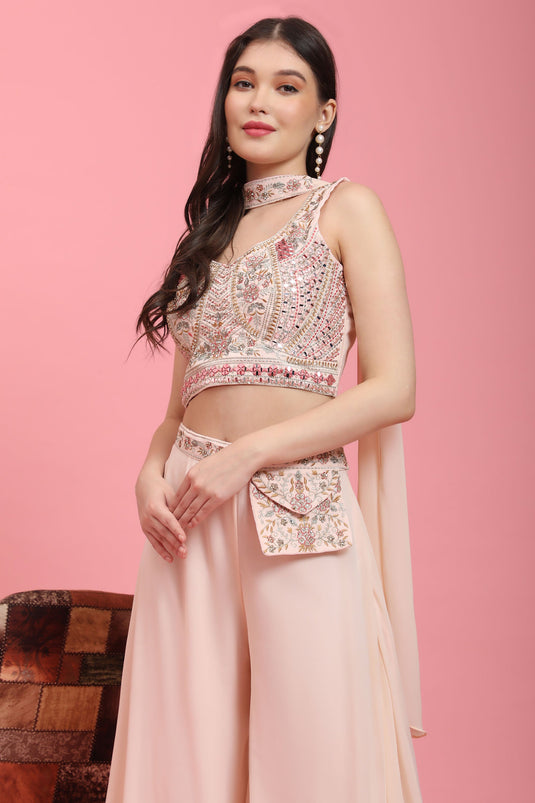 Phenomenal Pink Color Georgette Readymade Crop Top with Palazzo Set
