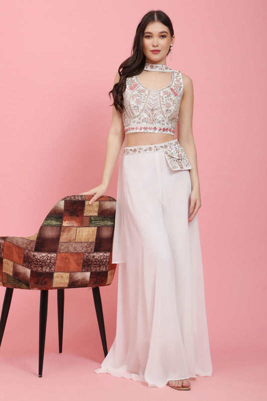 Glamorous White Color Georgette Readymade Crop Top with Palazzo Set