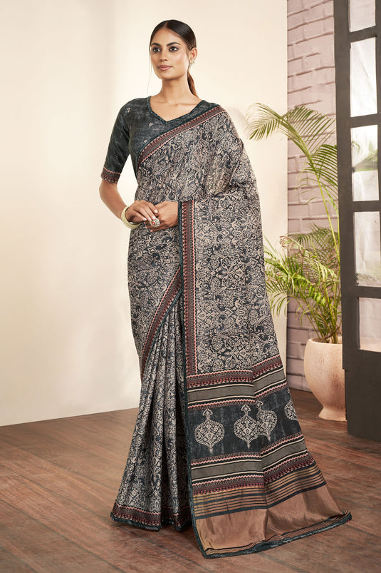 Grey Color Gajji Silk Fabric Special Saree With Printed Work