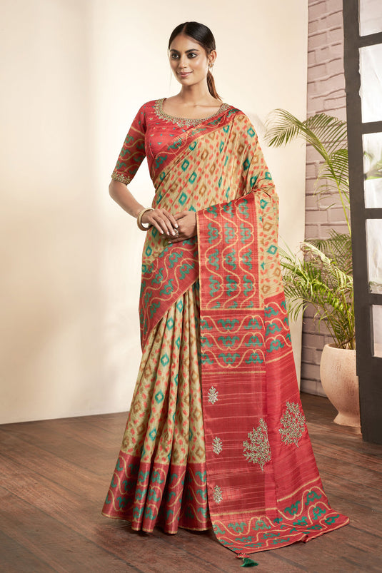 Bhagalpuri Silk Fabric Beige Color Pleasance Saree With Printed Work