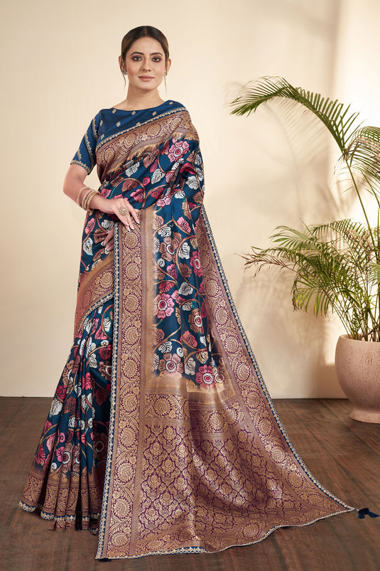 Excellent Tissue Fabric Blue Color Saree With Printed Work