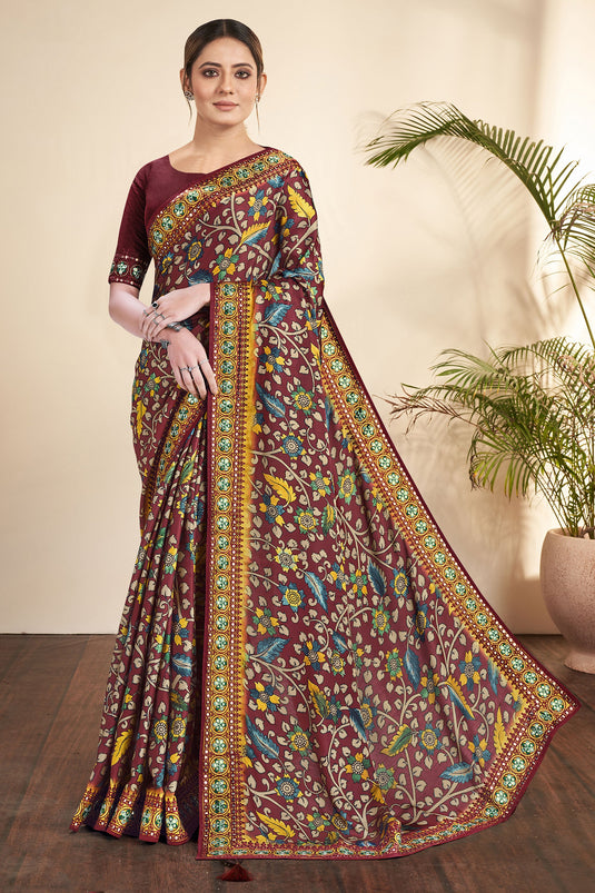 Beguiling Printed Work Brown Color Gajji Silk Fabric Saree
