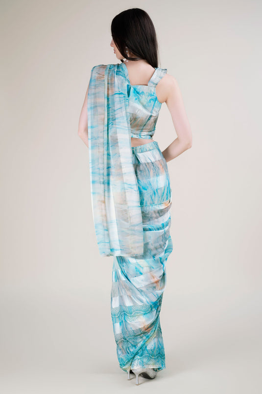 Blue Color Gorgeous Satin Silk Fabric Ready To Wear Saree